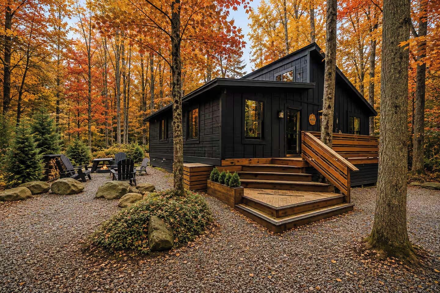 Une cabane avec un escalier en bois menant à une terrasse, entourée d’une forêt aux couleurs automnales.