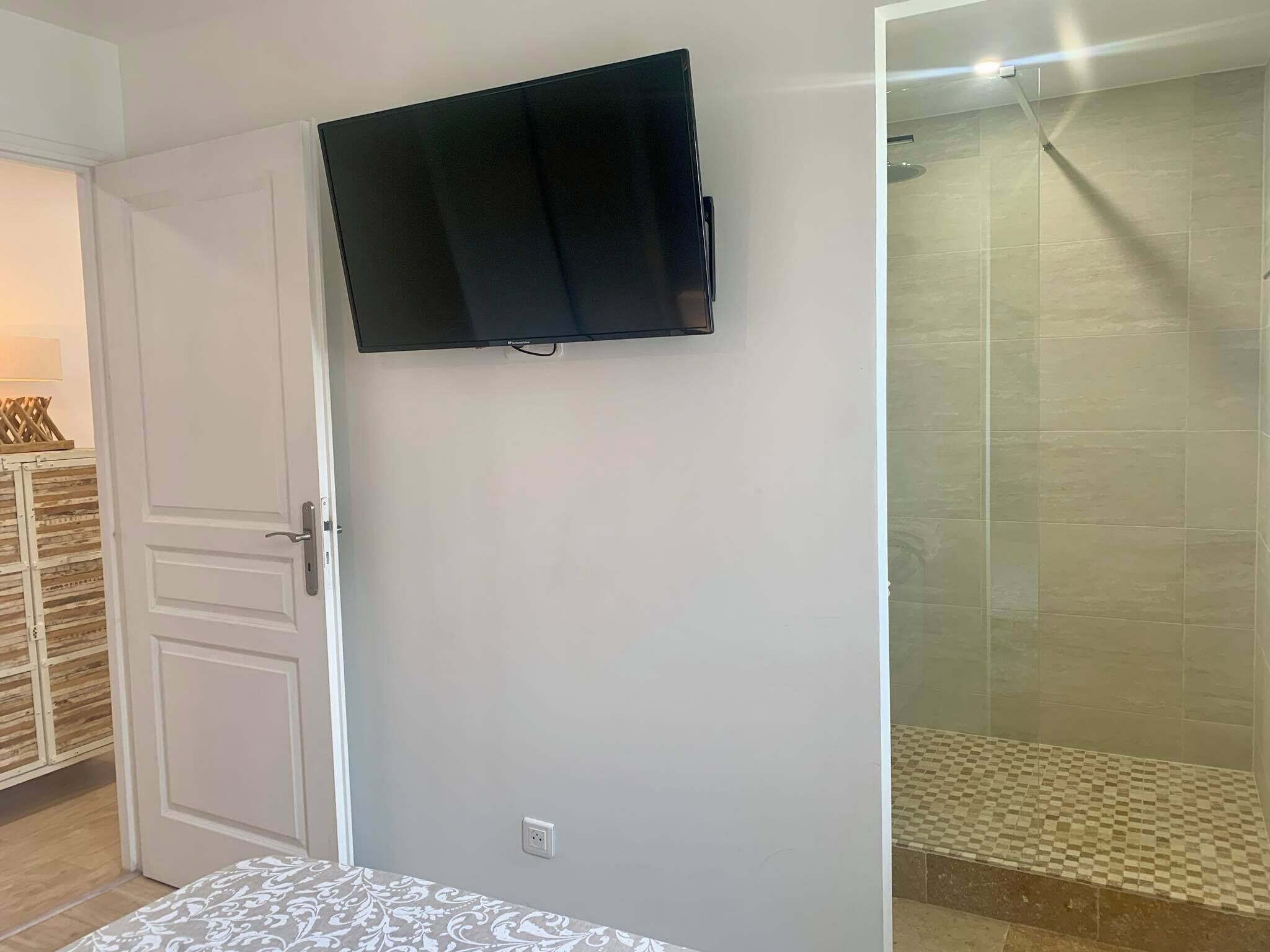 A room with a mounted TV, a door, and a shower area with checkered tiles.