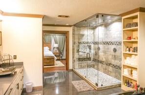 Shower, jetted tub, towels, soap - Amazing lakefront home with custom boat dock! (Quinlan)