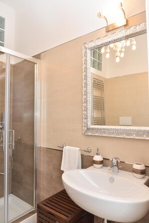 Combined shower/tub, hair dryer, towels