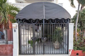 Secure entrance to a residence, flanked by lush greenery and palm trees.