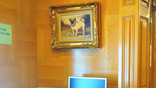 Habitación de hotel con un escritorio de madera, una computadora, una impresora y una silla.