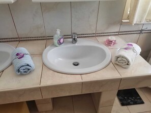 Combined shower/bathtub, hair dryer, bidet, towels