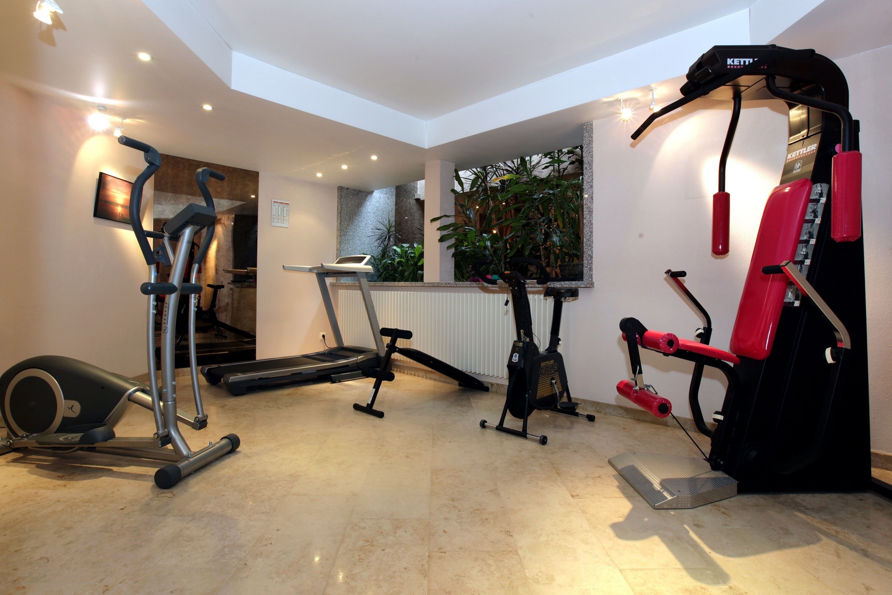 Un gimnasio en casa con cinta de correr, elíptica y máquina de pesas.