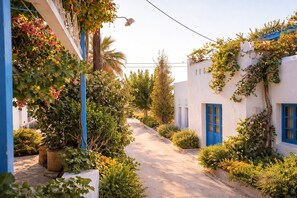 A narrow street flanked by white buildings with blue doors and windows, surrounded by lush greenery and potted plants.