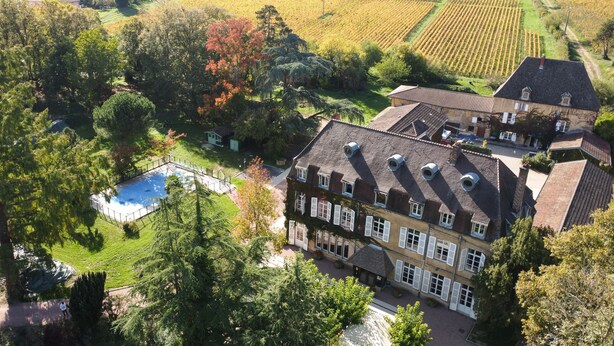 Una casa grande e histórica con piscina, rodeada de exuberante vegetación y viñedos.