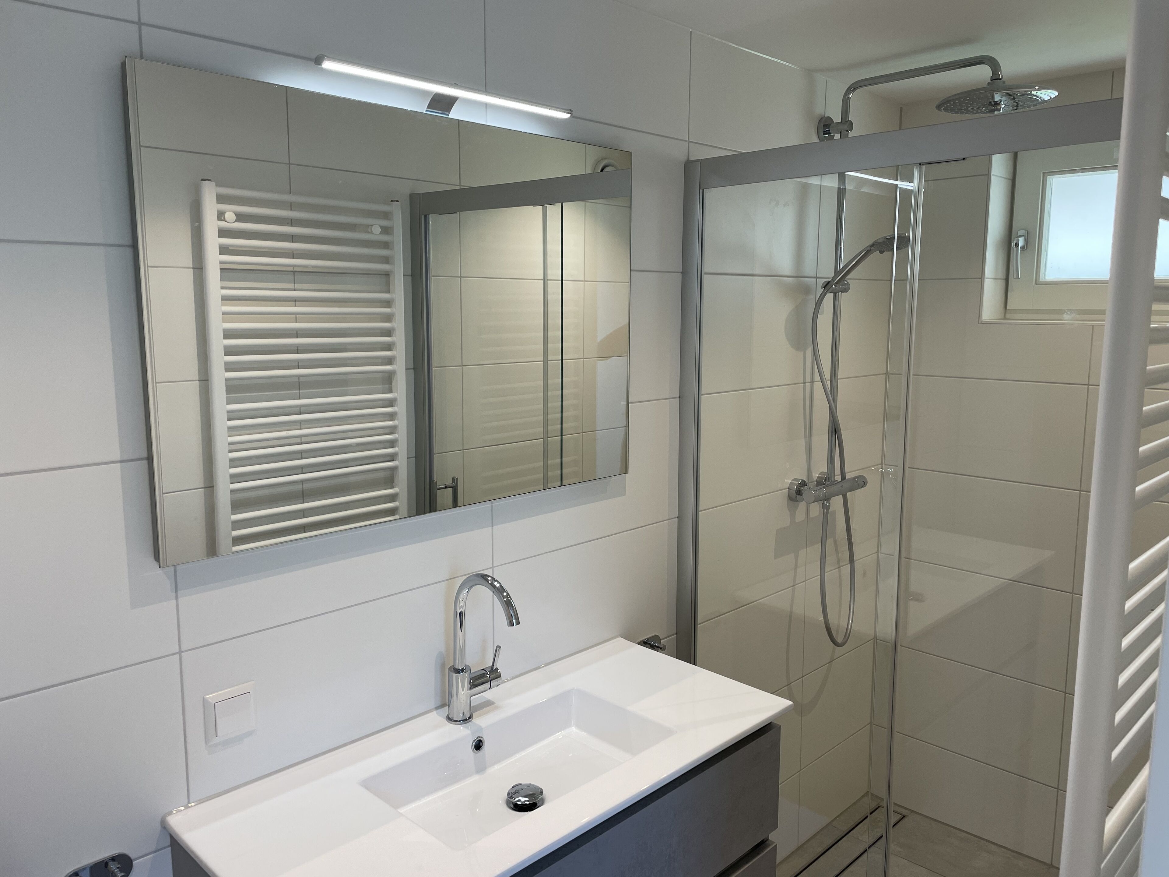 A modern bathroom with a white sink, a mirror, a shower enclosure, and a towel rack.