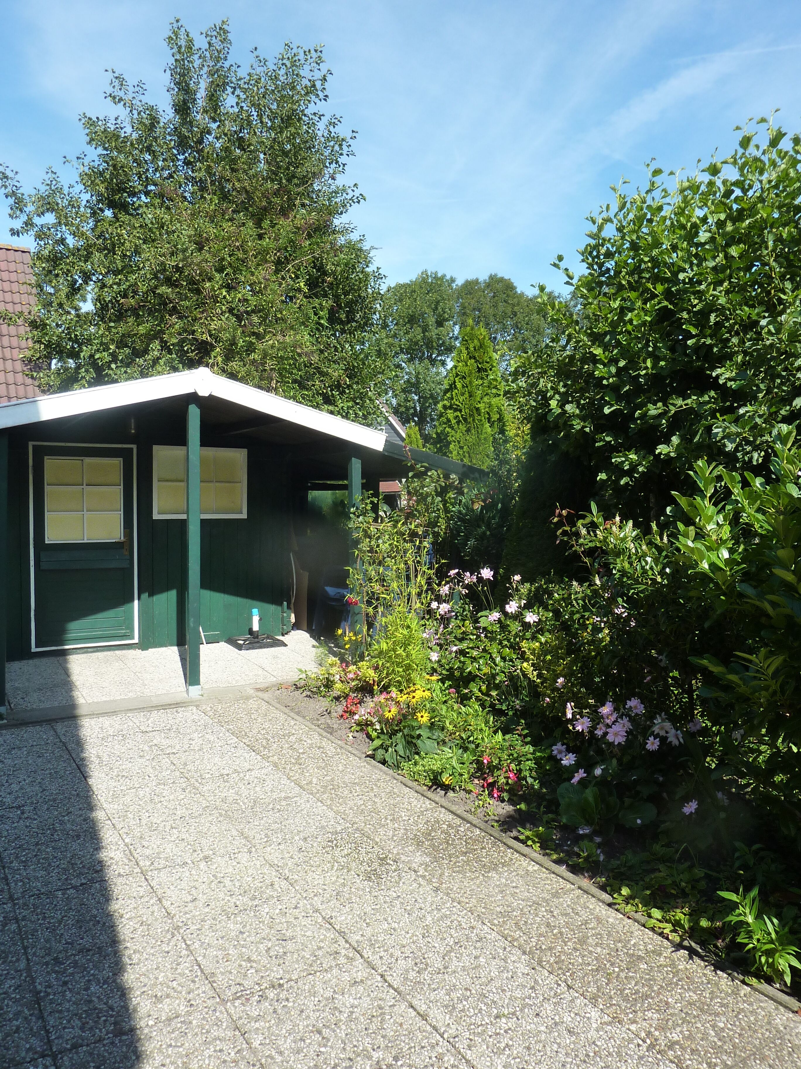 A small, green building with a sloped roof and a door, surrounded by a garden with various plants and flowers.