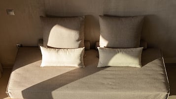 A sofa with two pillows and a wooden coffee table with a book and a decorative item.
