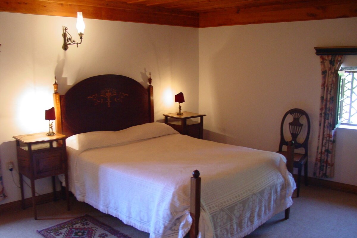 A bedroom with a wooden bed, two bedside tables with lamps, a patterned rug, and a window with curtains.