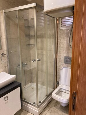 Shower, hair dryer, towels