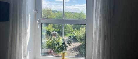 A window with a view of greenery and a house, curtains on either side, and a small vase on the windowsill.