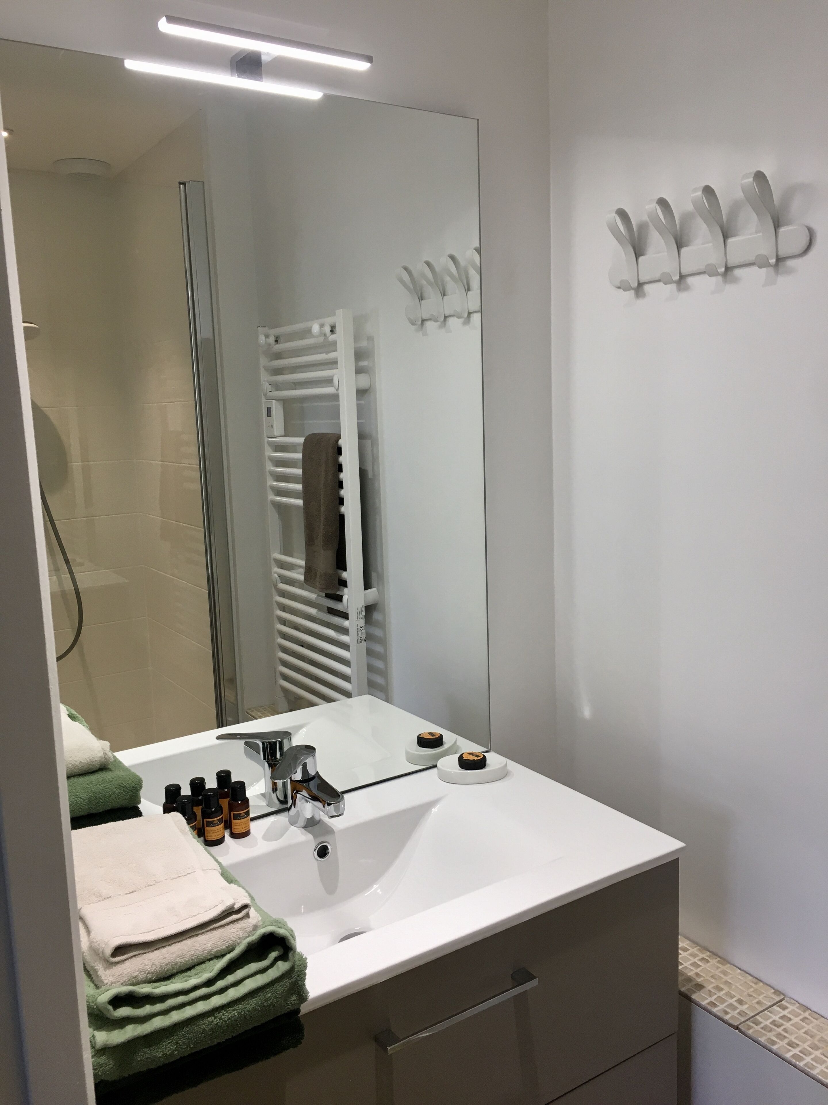 Douche, sèche-cheveux, serviettes fournies, savon