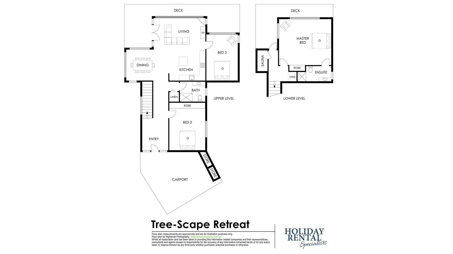 A floor plan of a Tree-Scape Retreat holiday rental with a dining area, kitchen, two bedrooms, a bathroom, a sauna, and a store.
