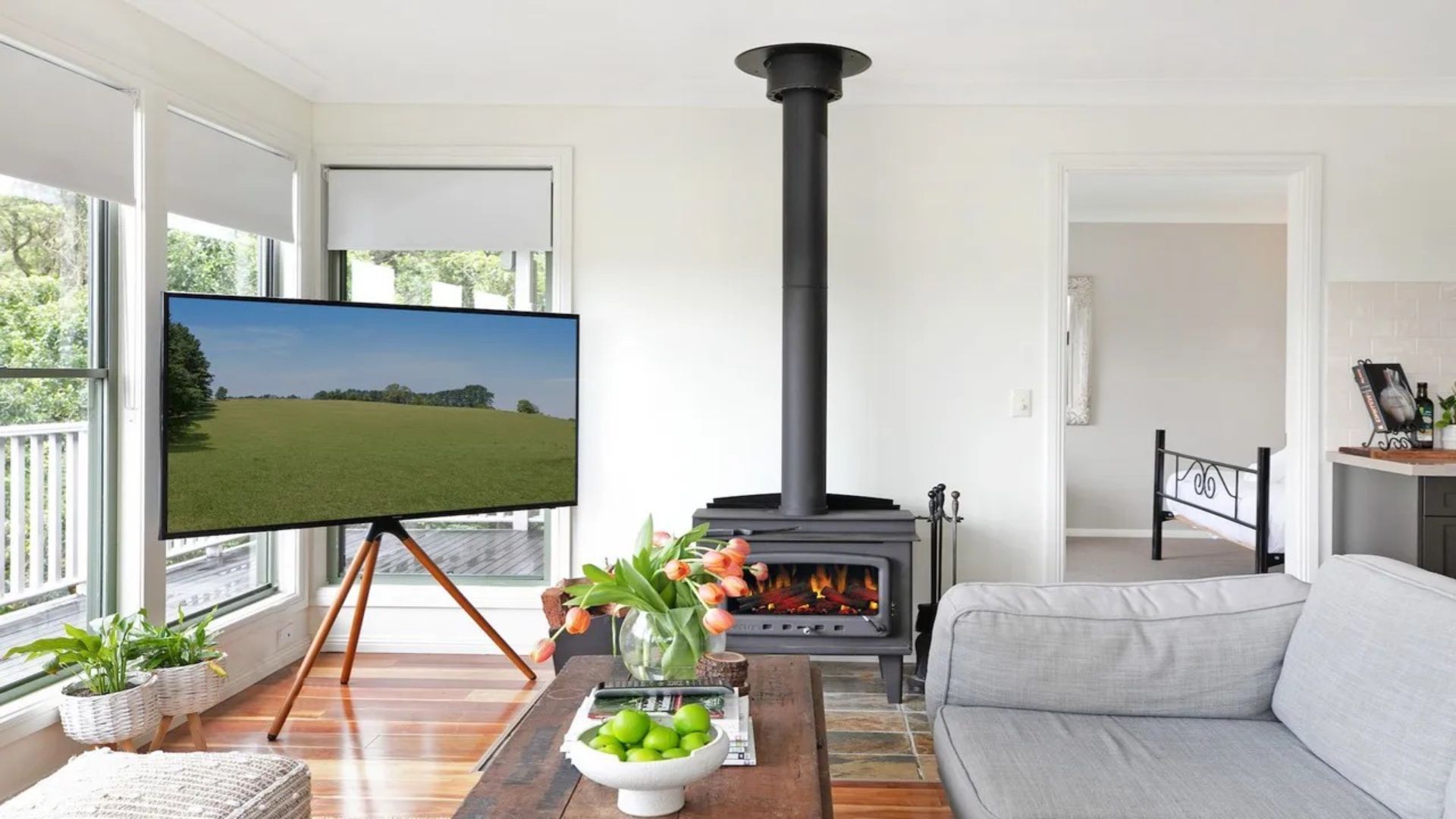 Ein Wohnzimmer mit Kamin, einem Flachbildfernseher auf einem Stativ, einer Couch und Blick auf ein grünes Feld durch große Fenster.