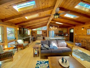 Cheminée, livres, chaîne hi-fi, imprimantes