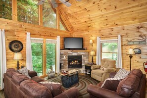 Flat-screen TV, fireplace, video games, DVD player