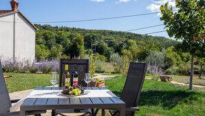 Un espace de restauration en plein air avec une table dressée pour deux personnes, agrémentée d’une bouteille de vin, d’un verre et d’une assiette de raisins.