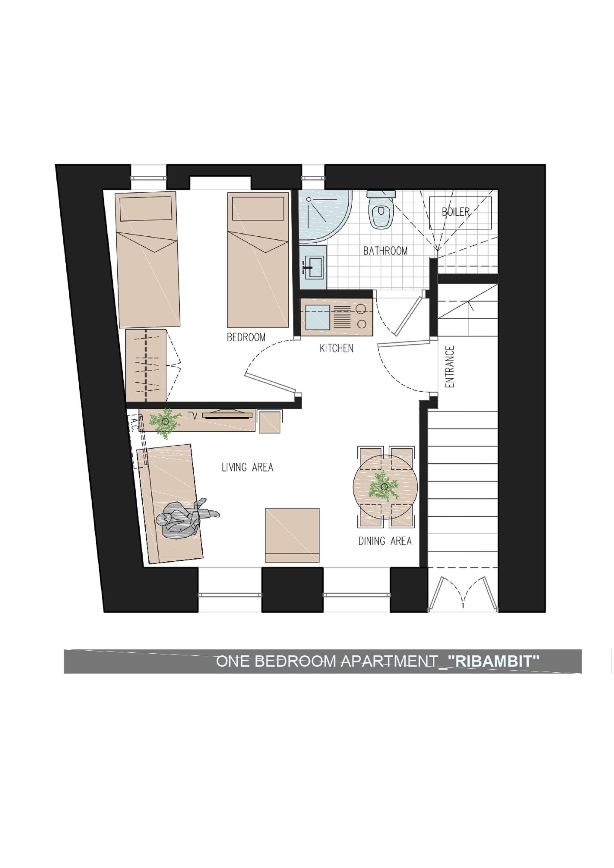 A one-bedroom apartment layout with a bedroom, living area, dining area, kitchen, bathroom, and entrance.