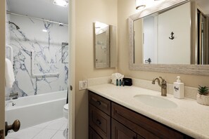 Combined shower/bathtub, hair dryer, towels - Beach Condo with Remodeled Kitchen at North Coast Village. 762 Sq Ft (Oceanside)