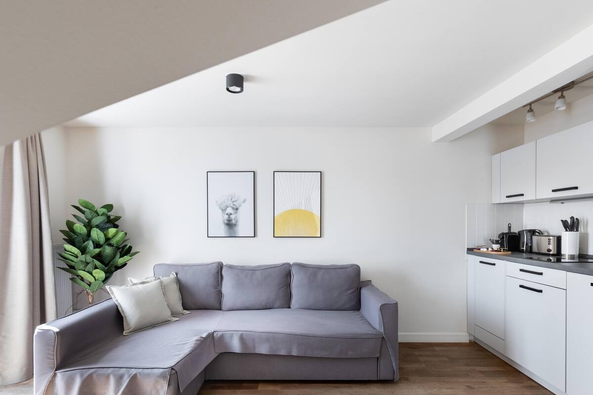 Un salon moderne avec un canapé d’angle gris, une plante en pot et deux œuvres d’art encadrées accrochées au mur.