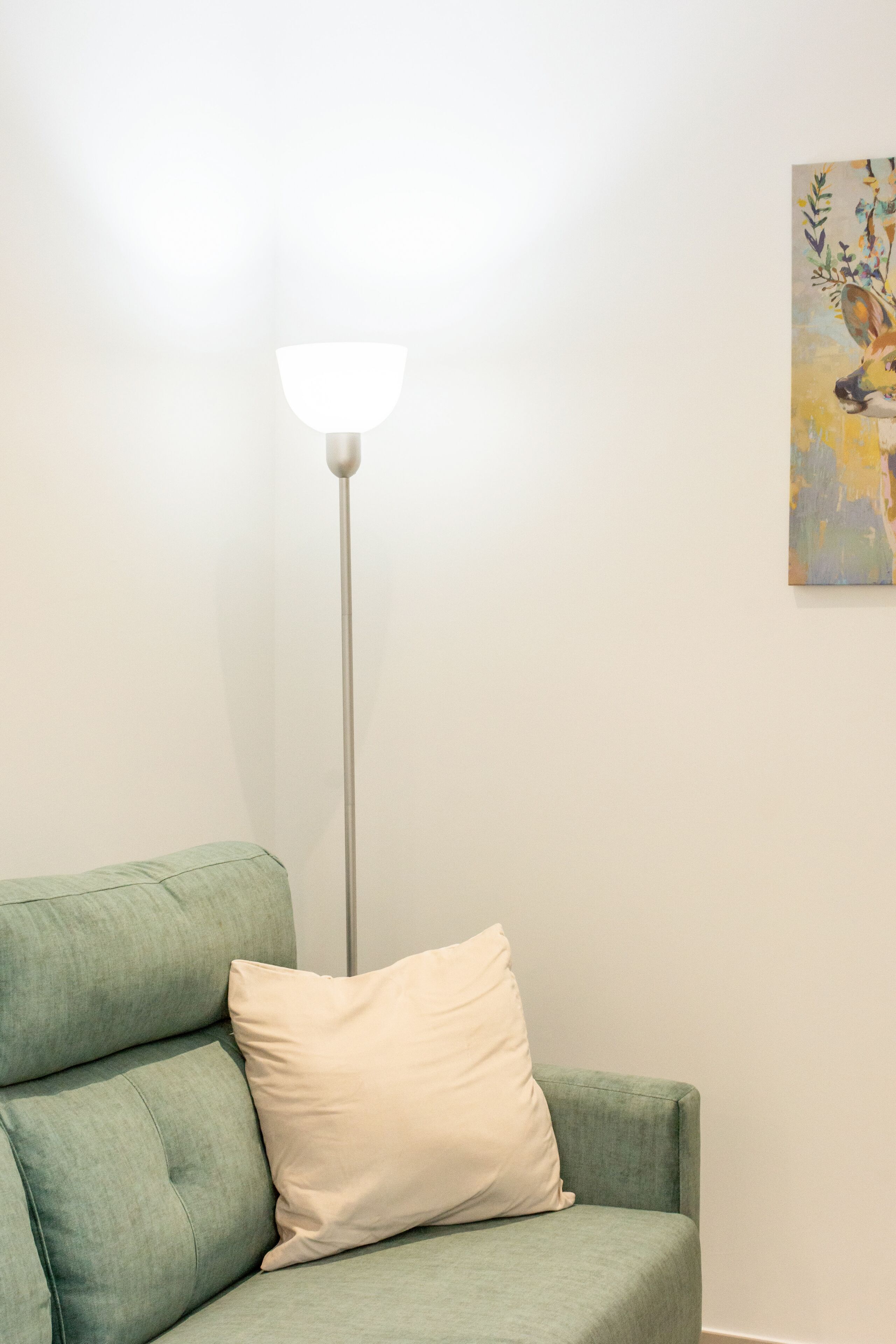 Un sofá verde con un cojín blanco frente a una pared lisa, una lámpara de pie con pantalla blanca, y un cuadro con motivos florales y de aves abstractos.