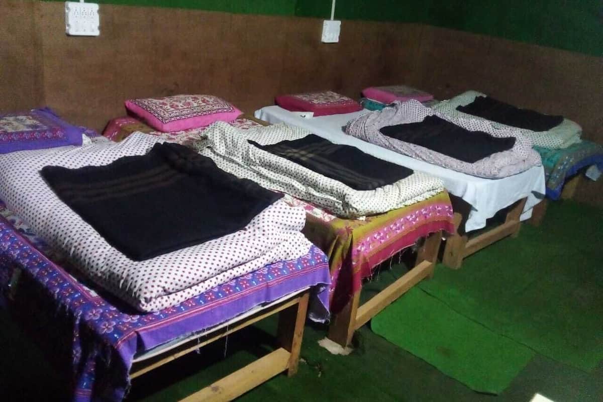A row of wooden beds with patterned bedding, a green floor, and a brown wall.