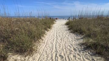 On the beach, sun-loungers