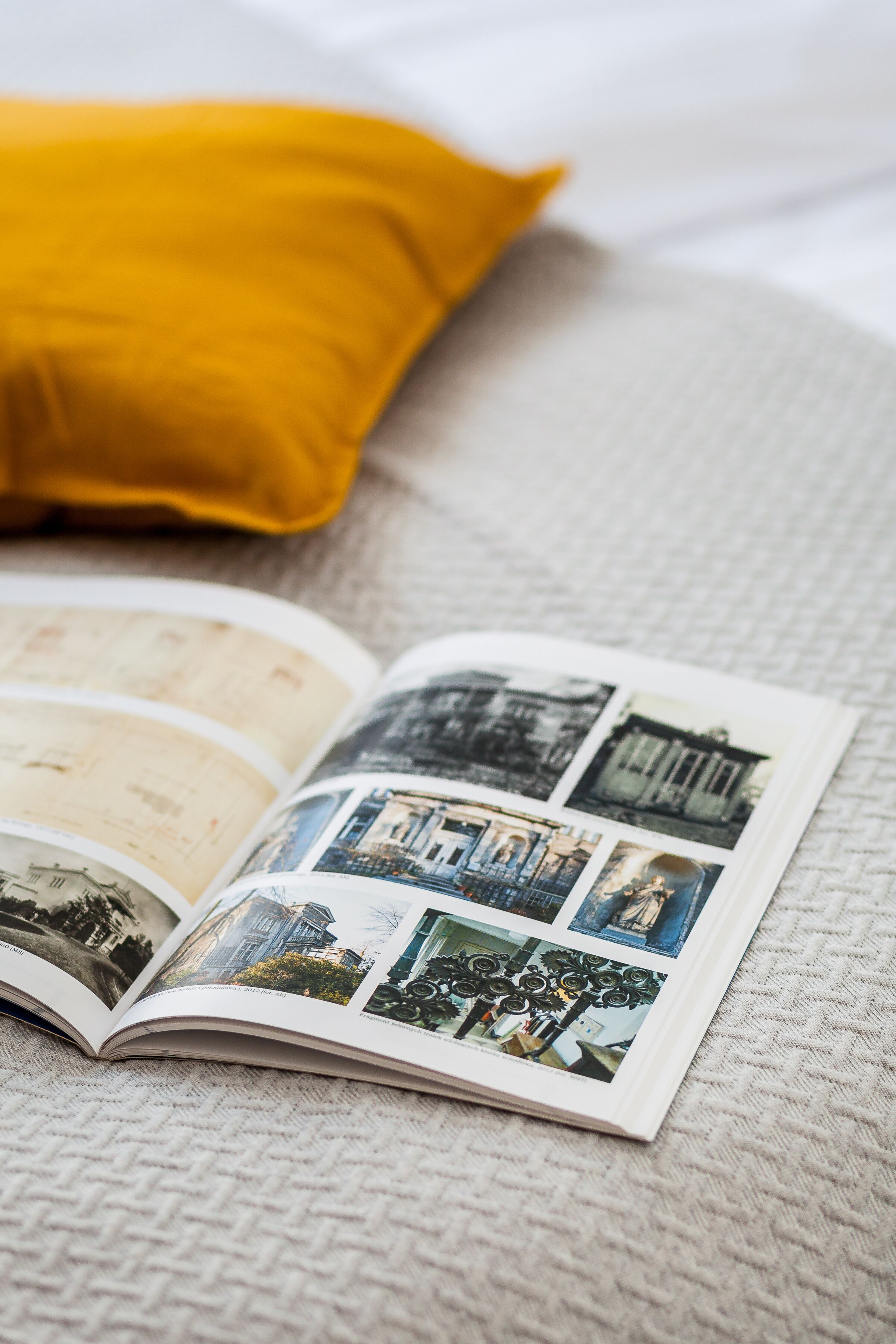Una revista abierta con fotografías sobre una superficie con textura.