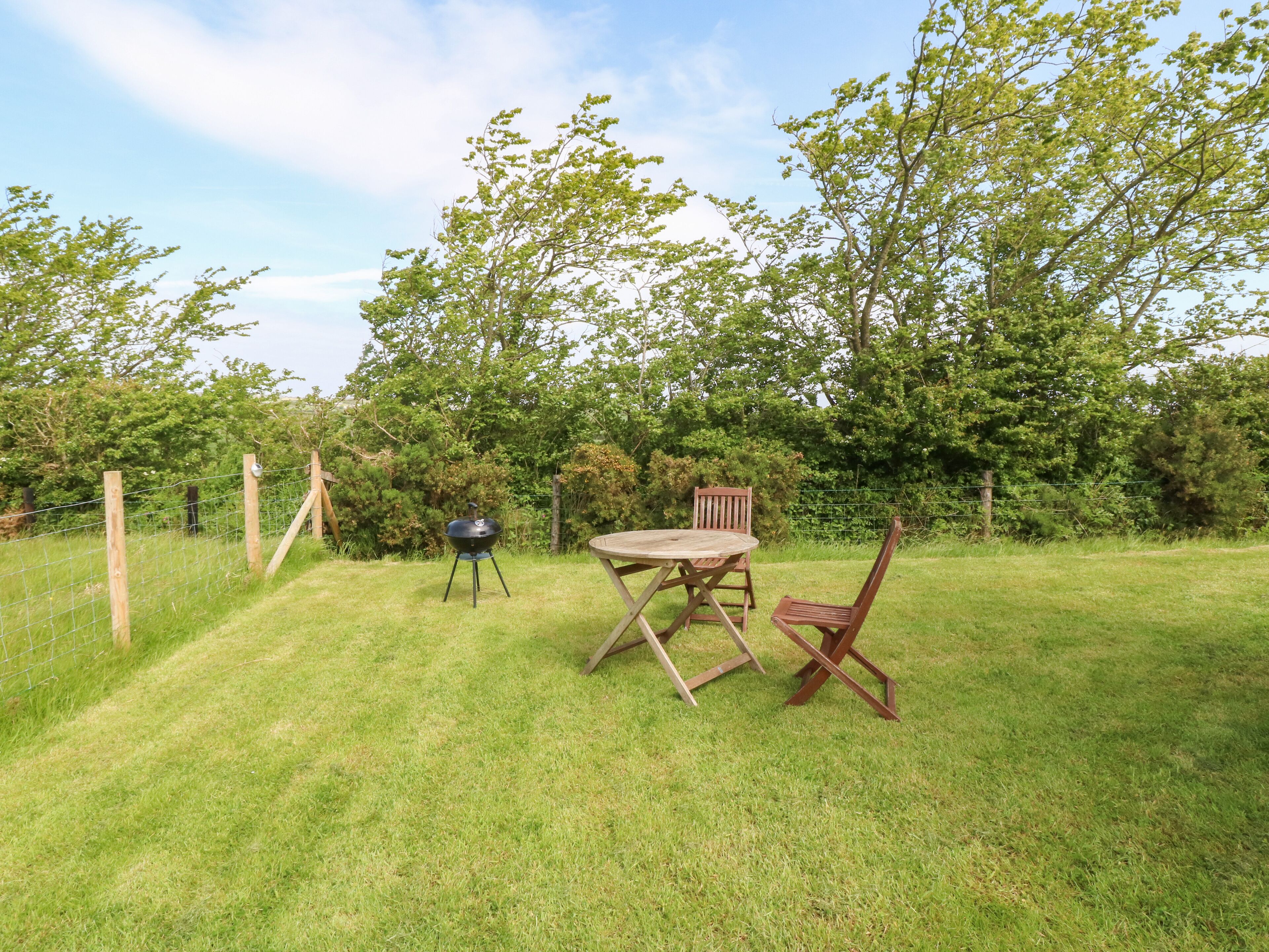 A grassy outdoor area with a wooden table and chairs, a barbecue grill, and a wooden fence.