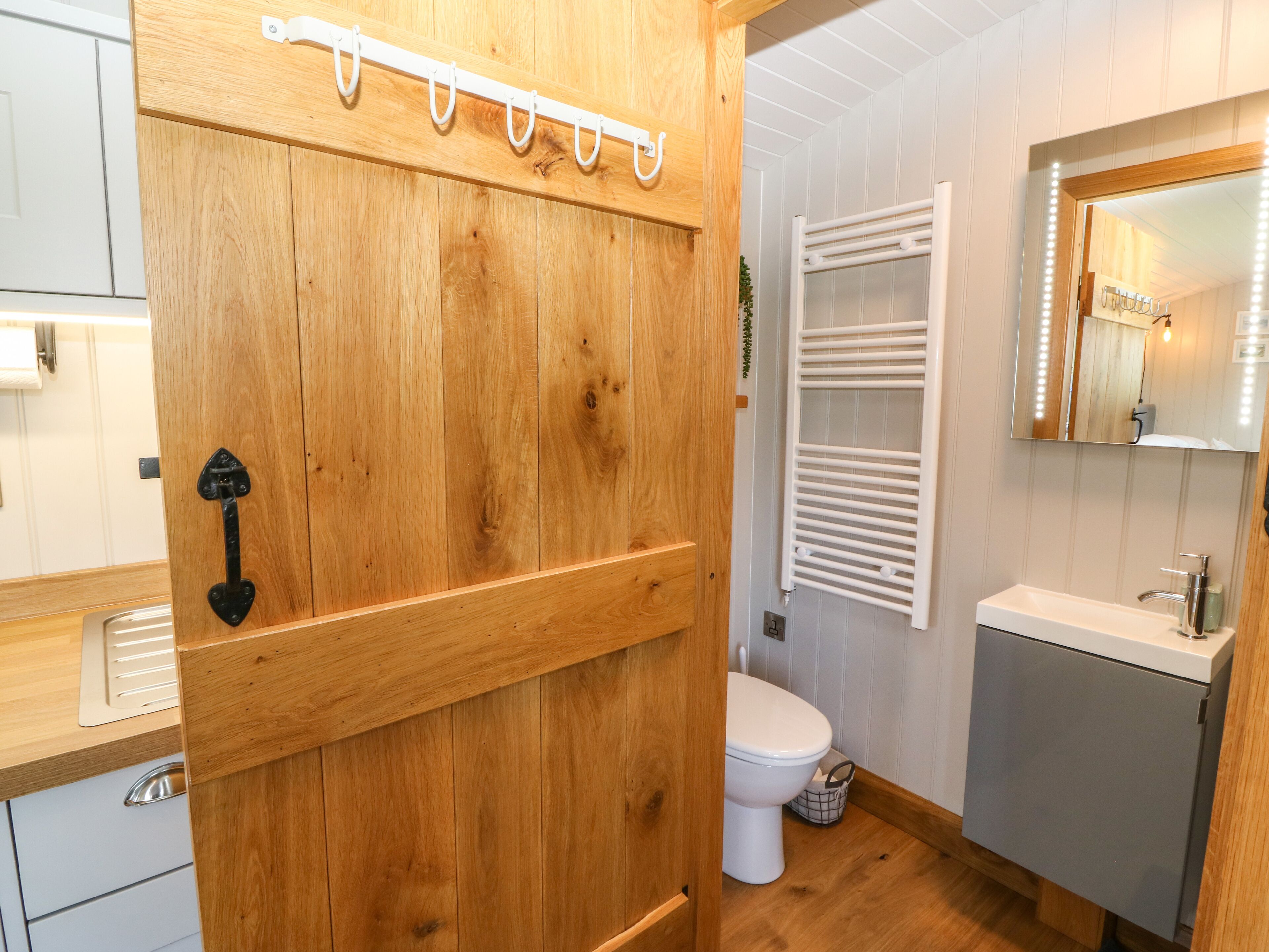 A wooden door with a towel rack, a white toilet, a sink, and a mirror with lights.