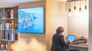 Iemand werkt aan een bureau met een laptop, een grote tv toont een kustlandschap, en een boekenplank met diverse objecten.