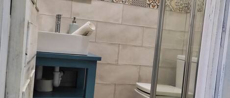 A bathroom with a sink, mirror, toilet, and shower area.