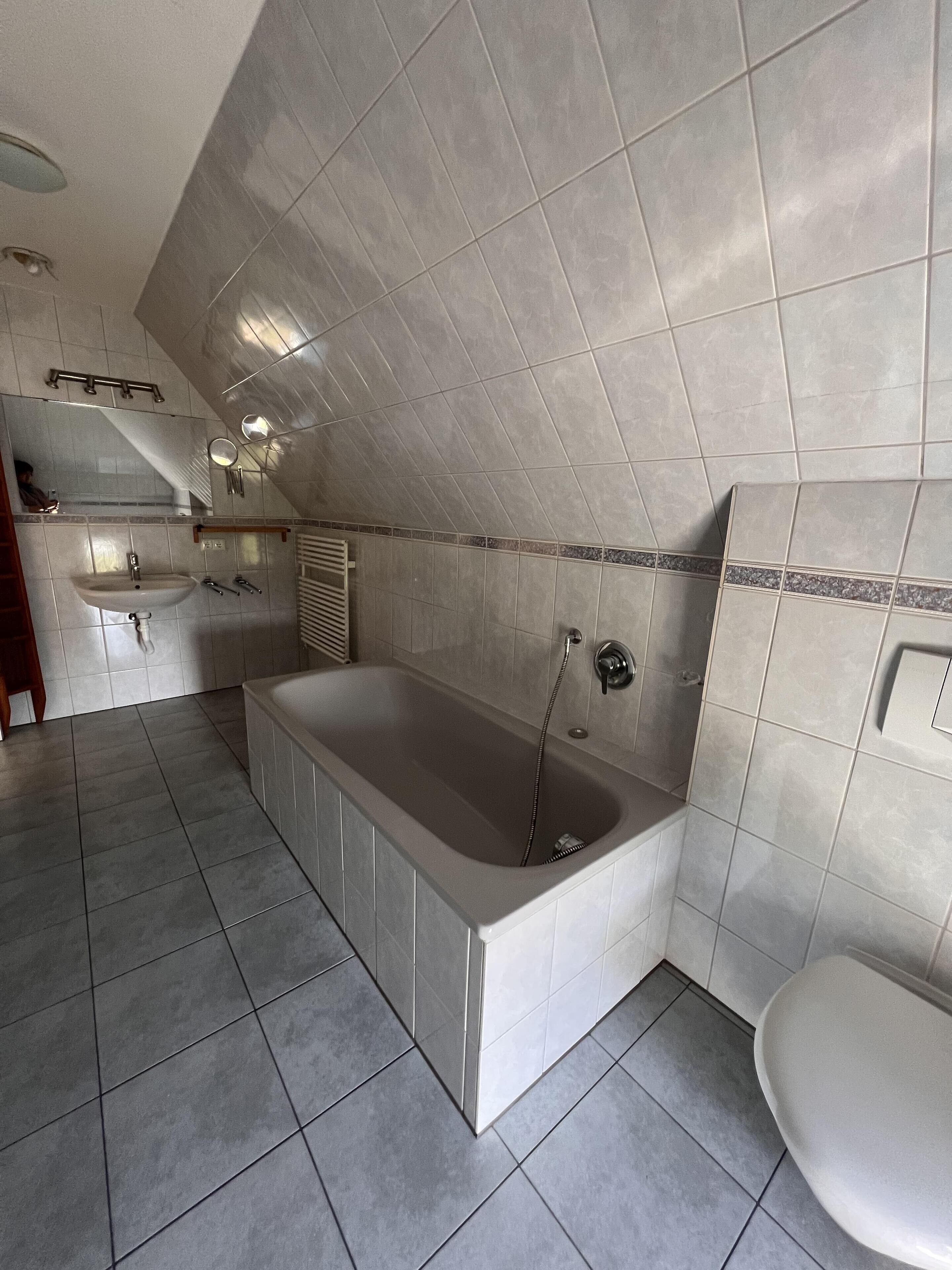 A modern bathroom with a freestanding bathtub, a sink, and a toilet.