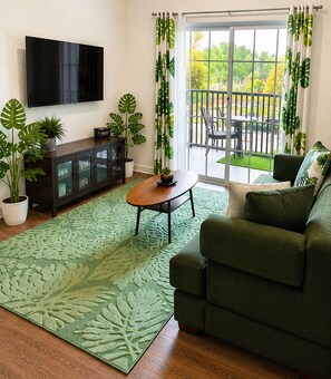 A living room with a green sofa, a coffee table, a flat-screen TV, a cabinet with glass doors, and a green patterned rug. - Newly Renovated. Near Disney Resort Pool, Bar & Gym (Davenport)