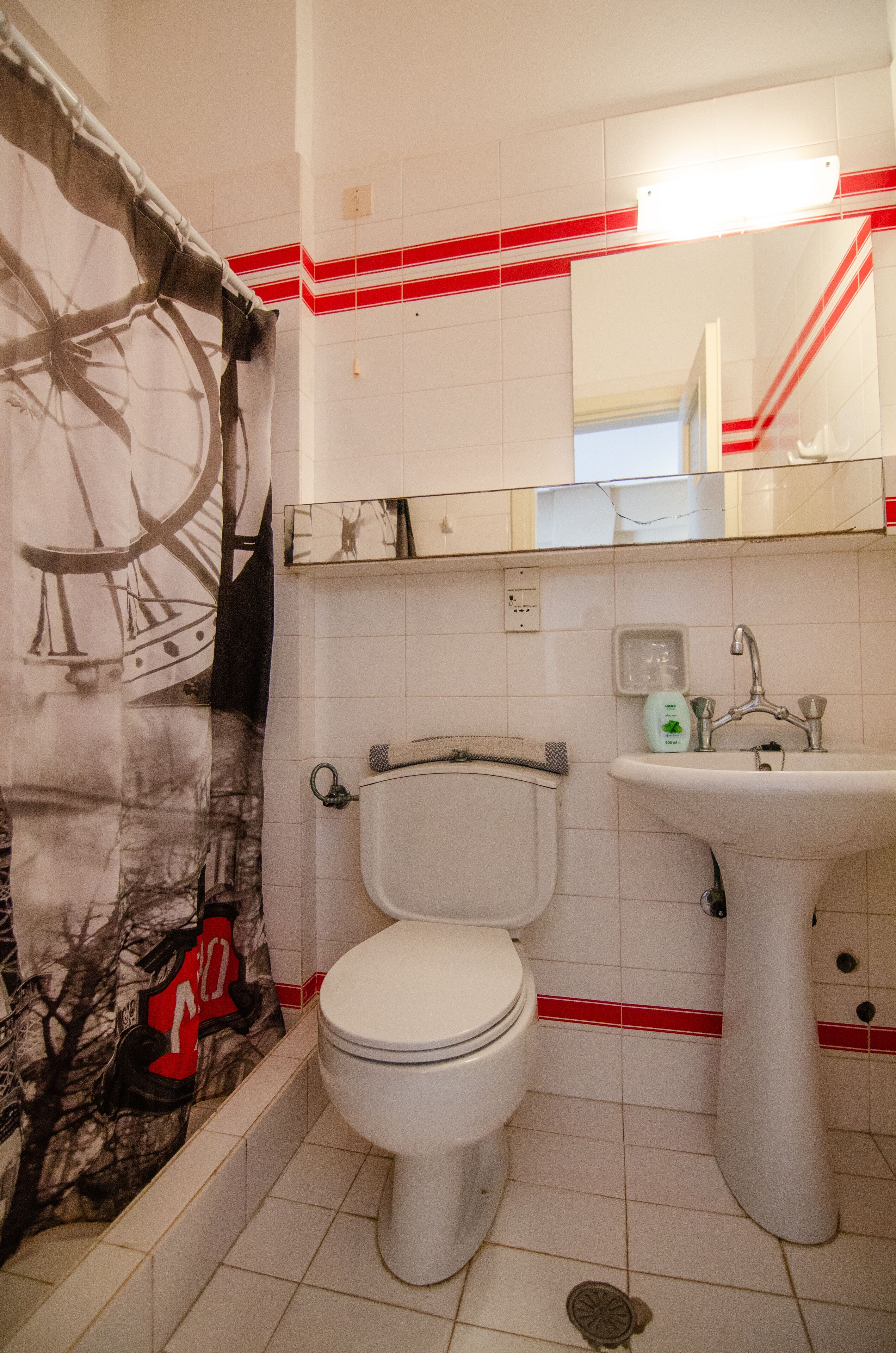 A bathroom with a toilet, sink, and shower curtain with a bicycle design.