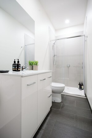 Dusche, Haartrockner, Handtücher, Shampoo