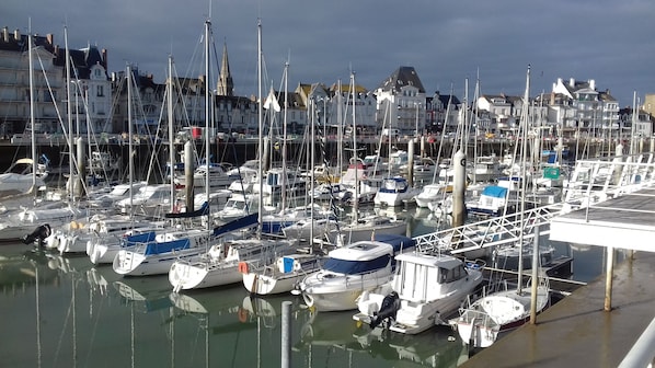 A marina with numerous boats docked, surrounded by buildings.