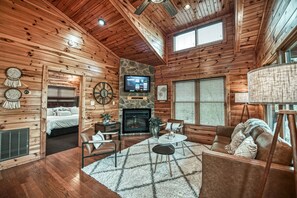 Smart TV, fireplace, books