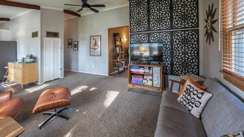 Smart TV, livros, biblioteca musical, aparelho de som