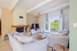 Smart TV, fireplace, books
