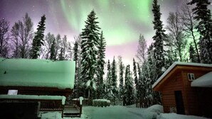 A cabin surrounded by snow-covered trees under a night sky with the aurora borealis. - Polar Luxe Log Home （极地豪华小屋） (North Pole)