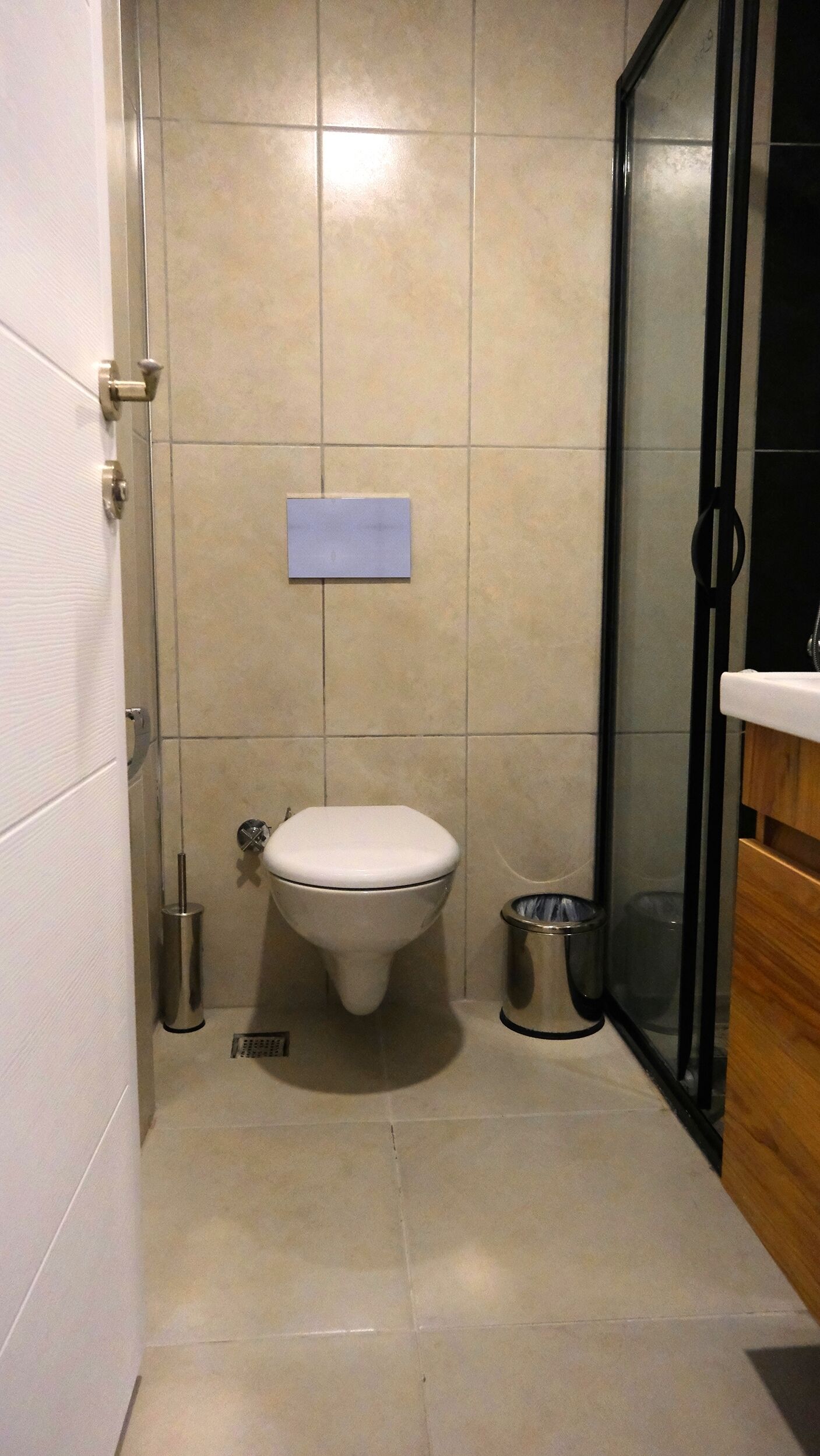 Et lille, moderne badeværelse med toilet, skraldespand og bruseområde.