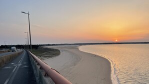 Une route côtière offrant une vue sur le coucher de soleil, une plage et un ciel dégagé.