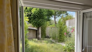 Une vue à travers une fenêtre sur un jardin avec un arbre, de l’herbe et un mur de pierre.