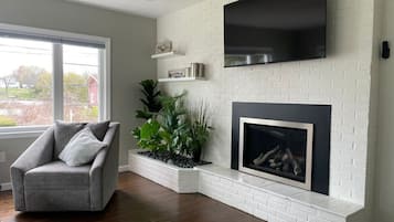 TV connectée, cheminée, livres