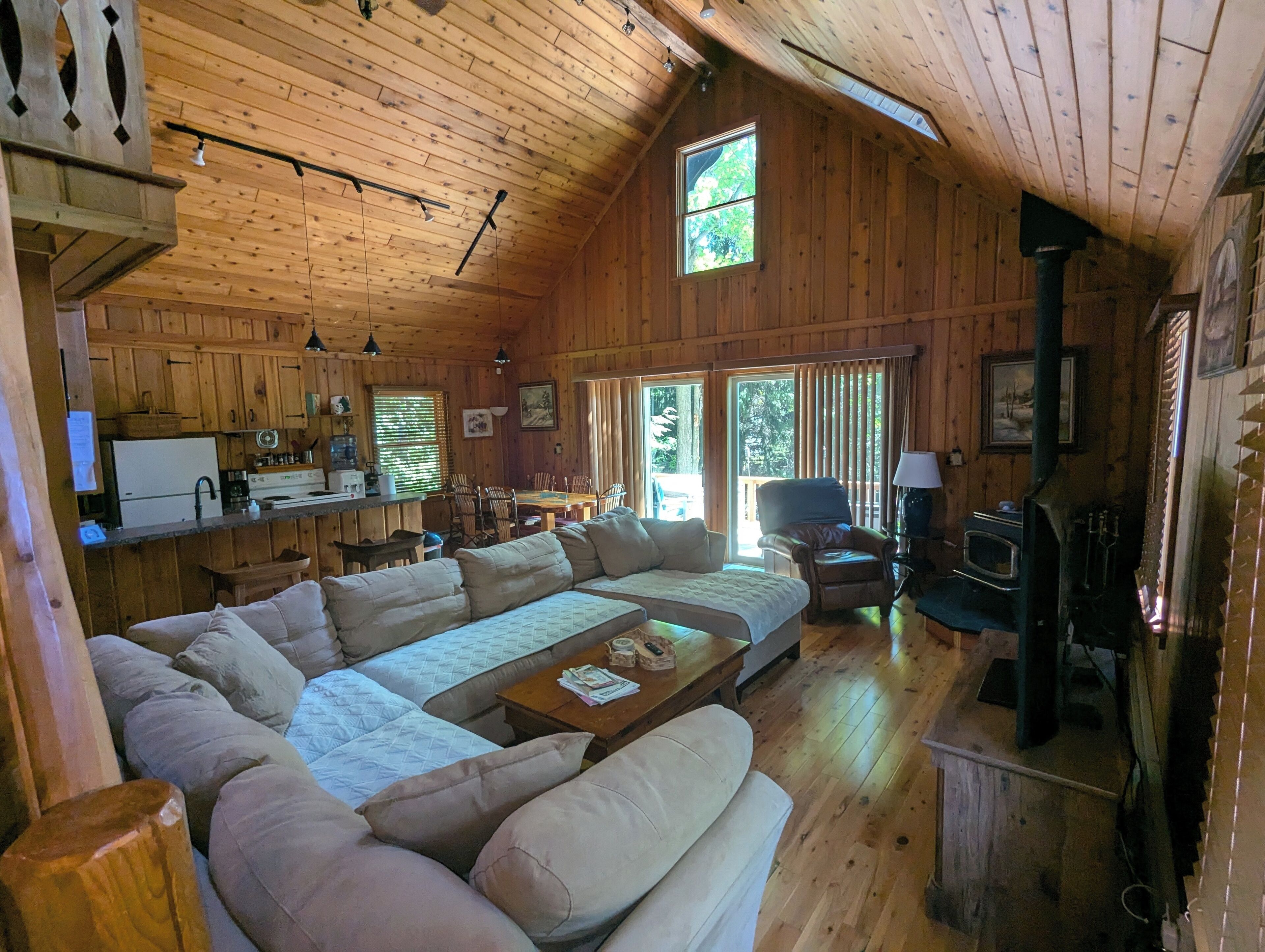 Smart TV, fireplace, books, computer monitors