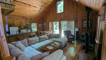 TV connectée, cheminée, livres, écrans d'ordinateur