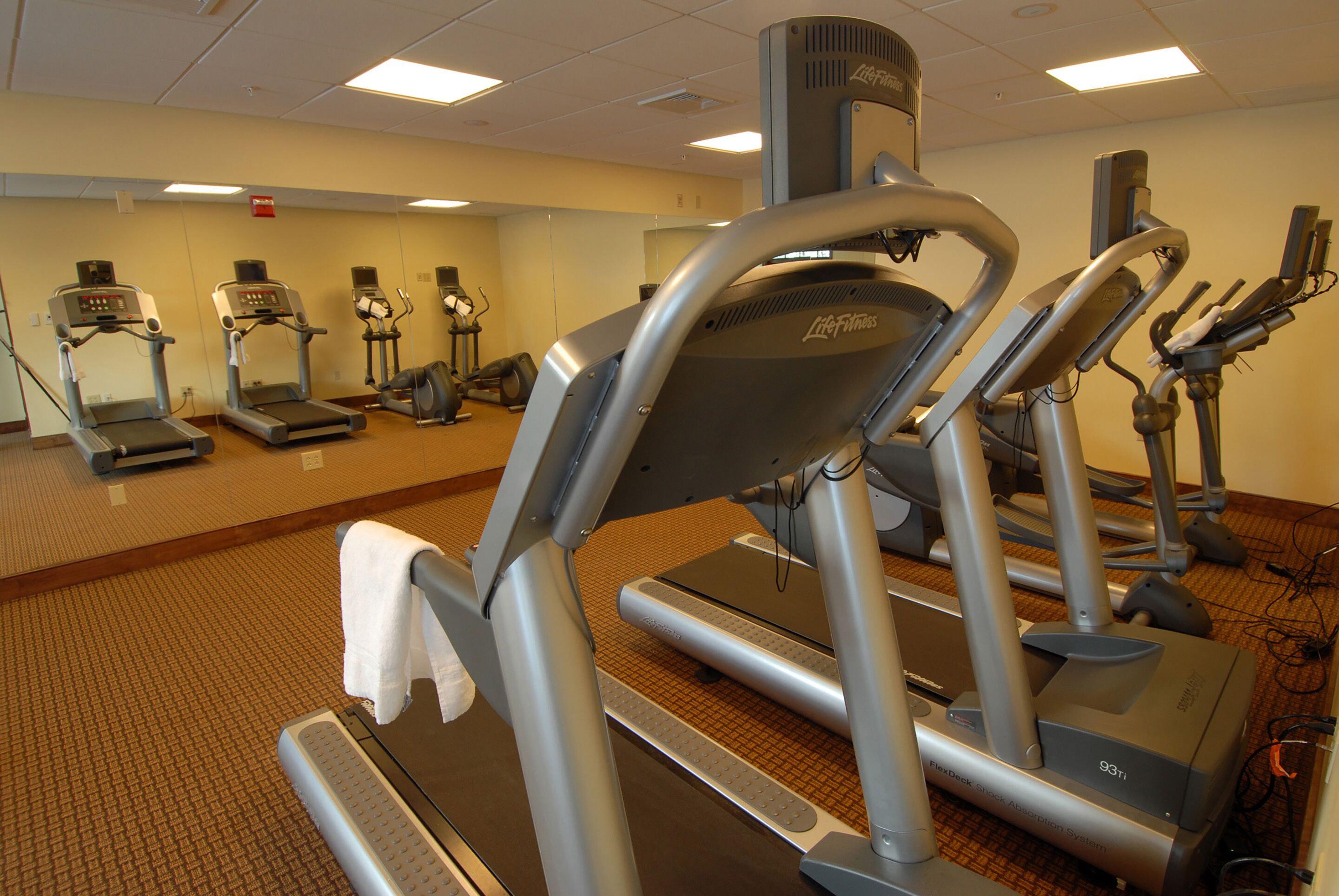 A gym with multiple treadmills and elliptical machines.
