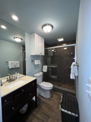 A modern bathroom with a vanity, toilet, and walk-in shower. - Ocean View Retreat.. Walk to Sapphire Beach! (St Thomas)